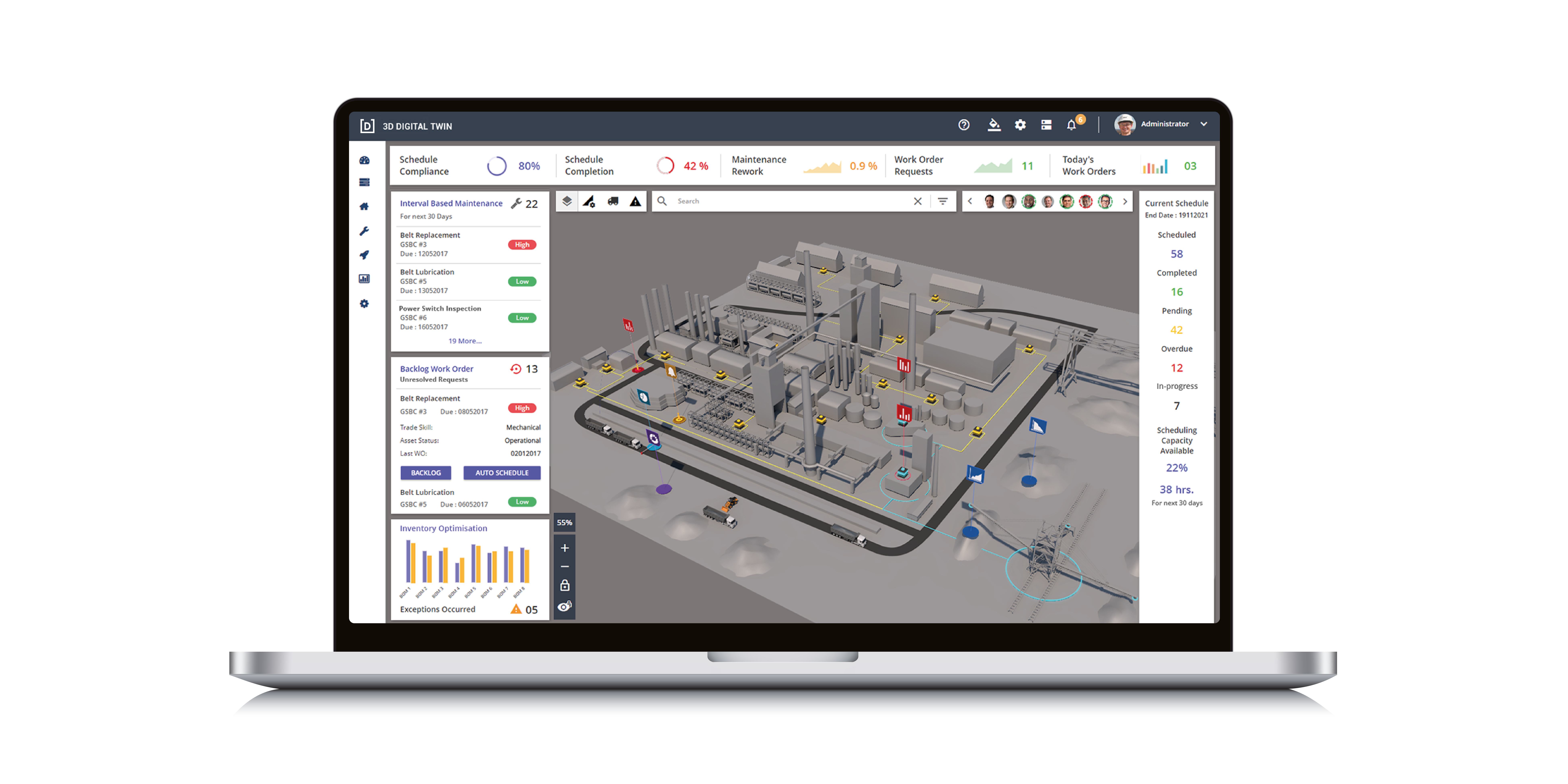 Image showing how a digital twin of a manufacturing plant built using Devum looks.
